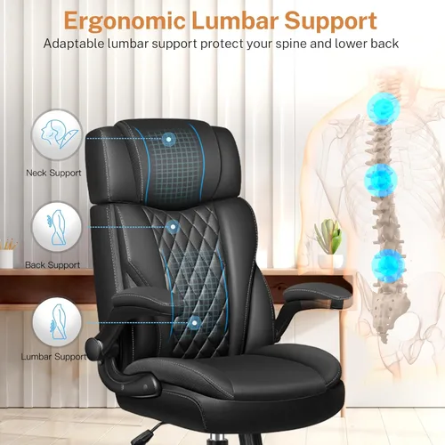 Miniatura 5 de Silla de oficina con brazos abatibles, silla de oficina ejecutiva de cuero ergonómica con soporte lumbar, reposacabezas ajustable, silla de Negro