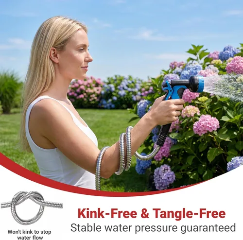 Miniatura 7 de Lefree - Manguera de jardín de 50 pies, manguera de jardín de acero inoxidable metálica, manguera de agua flexible con boquilla de 10 funciones