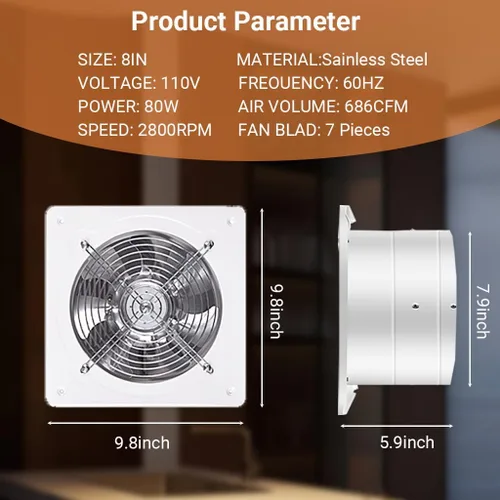 Miniatura 3 de Ventilador de escape de cocina de 8 pulgadas con controlador de velocidad variable, ventiladores de ventilación de montaje en pared de 735 CFM