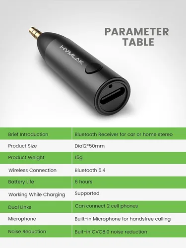 Miniatura 6 de HVMLAK Adaptador Bluetooth 5.3 Aux para Coche con Micrófono Mejorado, Jack de 3.5mm para Estéreo de Coche y Hogar, Carga USB-C, Estuche Resistente