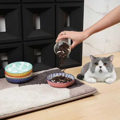 Miniatura 5 de Selamica Juego de 4 cuencos de cerámica para gatos de 5.6 pulgadas de ancho, platos poco profundos para comida y agua, varios