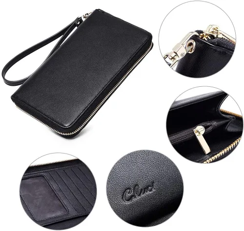 Miniatura 8 de CLUCI Cartera de mujer grande de cuero diseñador cremallera alrededor titular de la tarjeta de viaje embrague muñeca negro paquetes con mujer cuero