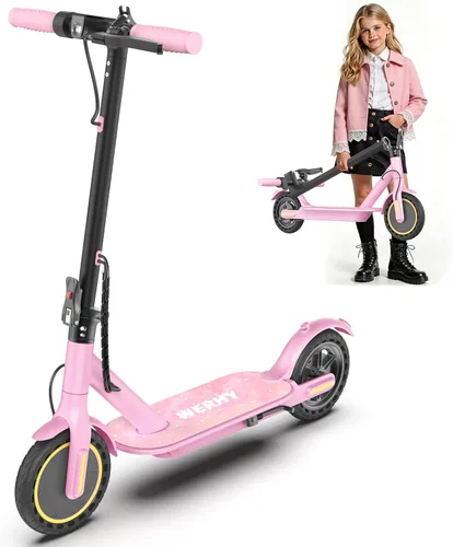 WERHY Scooter eléctrico plegable para niños, motor de 350 W, alcance máximo de 12/16 millas, velocidad máxima de 19 MPH, neumático sólido de 8.5 Rosa