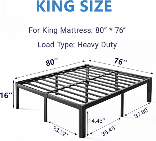 Miniatura 3 de Marco de cama King de metal de 16 pulgadas de alto, no necesita somier, plataforma de marco de cama de tamaño King resistente, sin ruido, fácil
