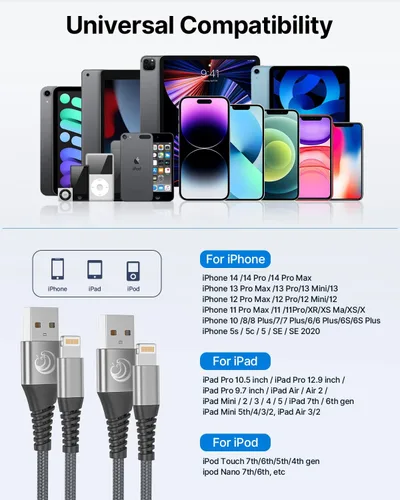 Miniatura 6 de Cargador para iPhone [certificado Apple MFi] Paquete de 2 cables Lightning de 10 pies de largo, cable de carga rápida de nailon trenzado