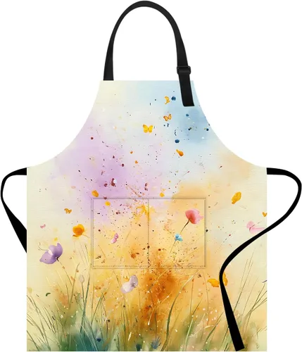 Miniatura 10 de Delantal divertido con bolsillo para mujeres y hombres, delantal de cocina ajustable para barbacoa y horneado con lindos animales y flores