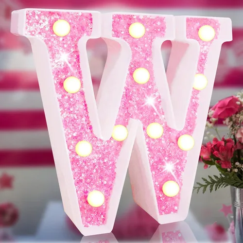 Miniatura 15 de Letras rosas iluminadas, letras del alfabeto con purpurina, letras LED de marquesina, que funcionan con pilas, para iluminar por la noche