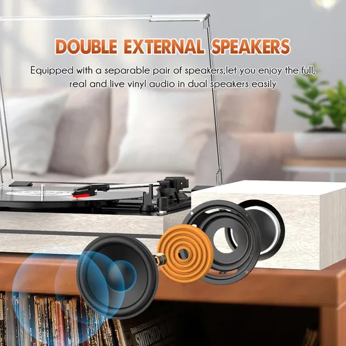 Miniatura 2 de Tocadiscos para vinilos con altavoces externos, transmisión por correa, tocadiscos retro para discos de vinilo, altavoces estéreo duales, Madera