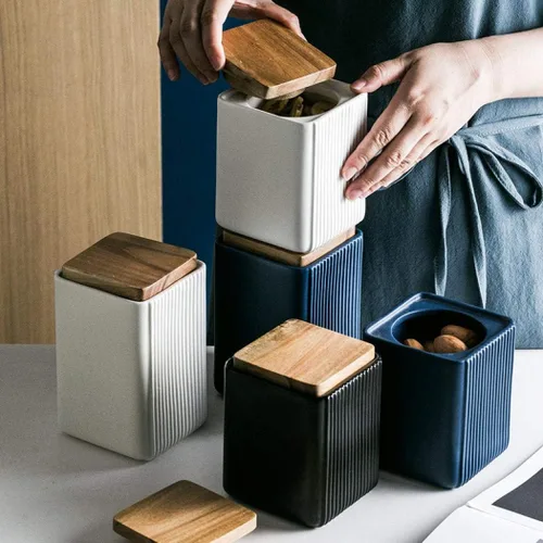 Miniatura 5 de Recipiente de almacenamiento de alimentos, tarros cuadrados de cerámica para galletas, recipiente de cocina con tapa hermética, bueno para Negro