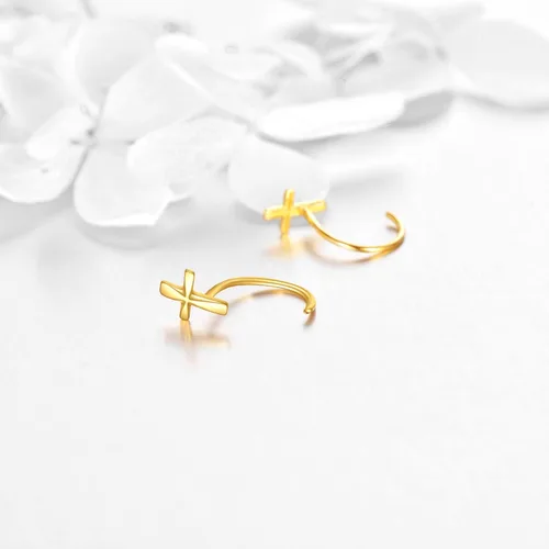 Miniatura 4 de Aretes de aro de medio aro de 14 quilates de oro macizo, aretes de aro Huggie para mujeres y niñas