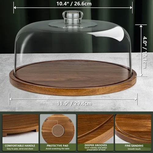 Miniatura 6 de ANBOXIT Soporte para pasteles con tapa de cúpula, plato de madera de acacia con tapa, soporte de exhibición de pastel de madera con cúpula acrílica