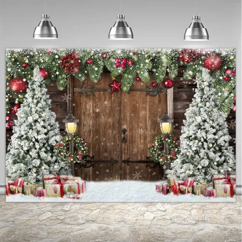 Lofaris Telón de fondo de Navidad de invierno, telón de fondo de fotografía navideña, telón de fondo rústico de puerta de madera de granero, árbol