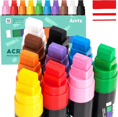 Arrtx Marcadores de póster jumbo, punta de fieltro jumbo de 0.591 in, 10 colores, marcadores de pintura acrílica, pintura permanente, suministros de