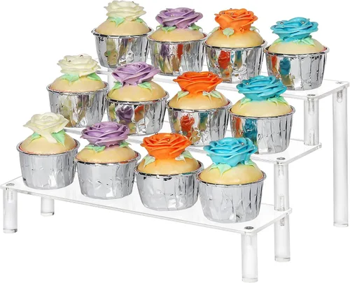 YestBuy Soporte para cupcakes de 3 niveles para 12 cupcakes, soporte de exhibición de escritorio transparente para perfumes, frigoríficos pop y