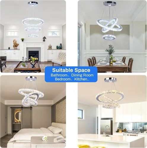 Miniatura 4 de Candelabro LED de cristal con iluminación regulable LED moderna lámpara de techo de 3 anillos ajustable de acero inoxidable para dormitorios y sala