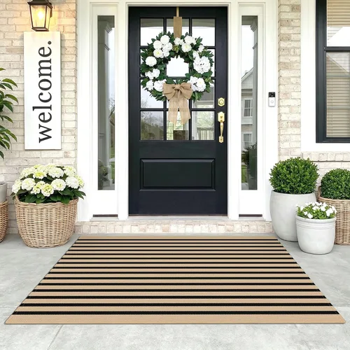 Miniatura 37 de KOZYFLY Alfombra a rayas blancas y negras de 2 x 3 pies, tejido de algodón, lavable, para interiores y exteriores, alfombra pequeña para puerta