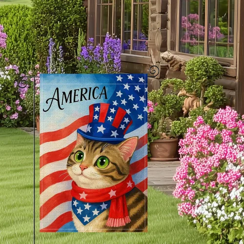 Miniatura 5 de HOMETITUTE Bandera de jardín de gato de 12 x 18 pulgadas, bandera de arpillera vertical de doble cara para patio, bandera patriótica de Estados