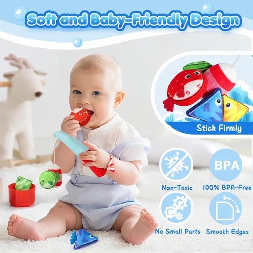 Miniatura 4 de Juguetes Montessori para niños de 1 año – Juego de pesca de tela para niños pequeños 17 en 1 con vasos apilables clasificación de colores, juguete