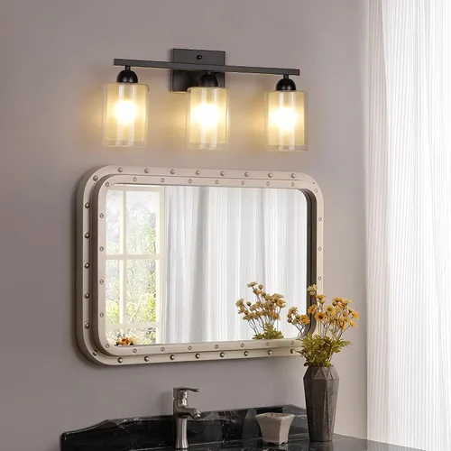 Miniatura 7 de Mecgirn Lámpara de tocador de baño de acero inoxidable sobre el espejo, 3 lámparas de baño de níquel cepillado con vidrio de leche y pantallas