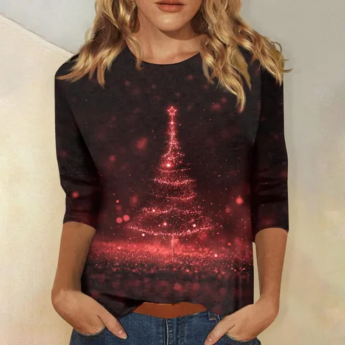 Miniatura 22 de Camisetas de manga 3/4 para mujer, cuello redondo, holgadas, casuales, con estampado floral, camisetas de moda para el trabajo de negocios