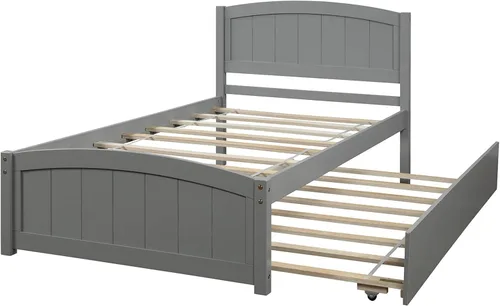 Miniatura 3 de Cama individual con nido, marco de cama de madera con cabecero y estribo, plataforma de madera para niños, niñas, niños, adolescentes y adultos, gris