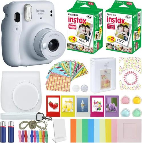 Fujifilm Instax Mini 11 - Cámara instantánea color blanco hielo + paquete de accesorios MiniMate + paquete de película Fuji Instax (40 hojas),
