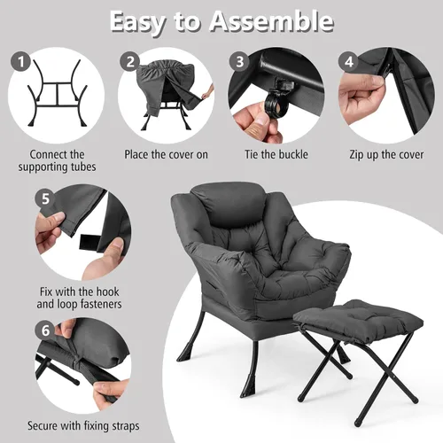 Miniatura 8 de Giantex Silla perezosa con otomana, sofá decorativo con reposapiés plegable, bolsillo de almacenamiento lateral, sillón tapizado de ocio con Gris