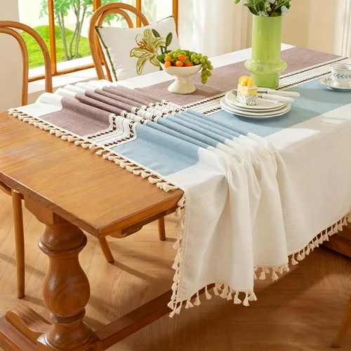 Miniatura 2 de Pahajim Mantel Rectangular a Rayas con Borlas Mantel Grueso de Lino y Algodón para Picnic al Aire Libre, Comedor y Decoración de Cocina para Fiestas