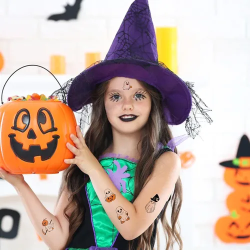 Miniatura 6 de 60 piezas de tatuajes temporales de Halloween que brillan en la oscuridad para niños, calcomanías luminosas de fantasma, monstruo para niños