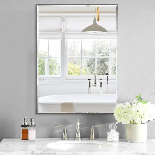 LEDLUX Espejo de baño negro de 24 x 32 pulgadas, espejo sin cobre, marco de metal, espejo rectangular montado en la pared, espejo moderno para