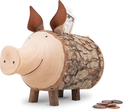 Forest Decor Alcancías de madera – Adorable figura de cerdo para niñas y niños – Caja de dinero de ahorro de madera para adultos – Bonita decoración