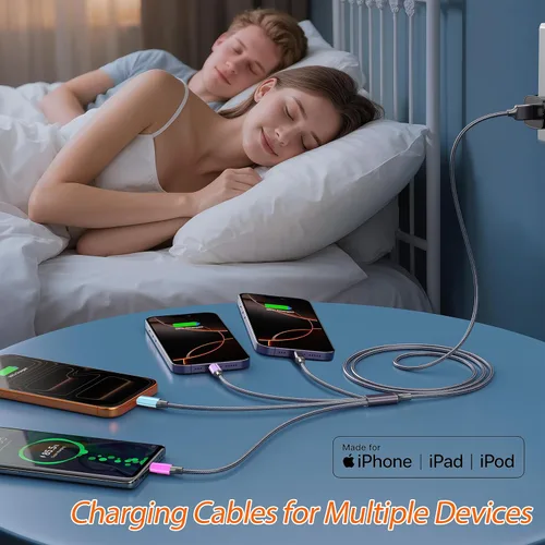 Miniatura 3 de Doub Tyep-C 4 en 1 cable de carga múltiple de 4 pies, cable de carga de nailon trenzado Lightning para iPhone, cable de carga universal con tipo C