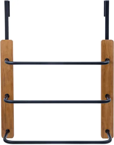 Miniatura 7 de MyGift Toallero para colgar sobre la puerta del baño, organizador rústico de almacenamiento de toallas de madera maciza quemada, barra de toalla