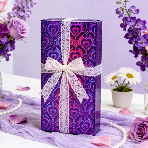 Miniatura 2 de Homeral Rollo de papel de regalo holográfico morado, patrón de corazón iridiscente brillante para el día de San Valentín, cumpleaños, día