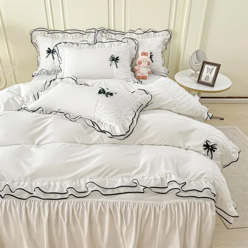Miniatura 2 de IHOUSTRIY Juego de funda de edredón blanca tamaño Queen, juego de ropa de cama con volantes con corbatín, juego de funda de edredón de 3 piezas