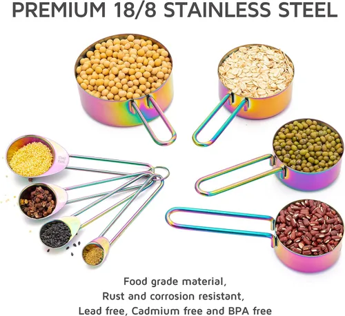 Miniatura 3 de WELLSTAR Juego de 8 tazas y cucharas medidoras de acero inoxidable 18/8 de grado alimenticio para medición de líquidos secos, accesorios de cocina