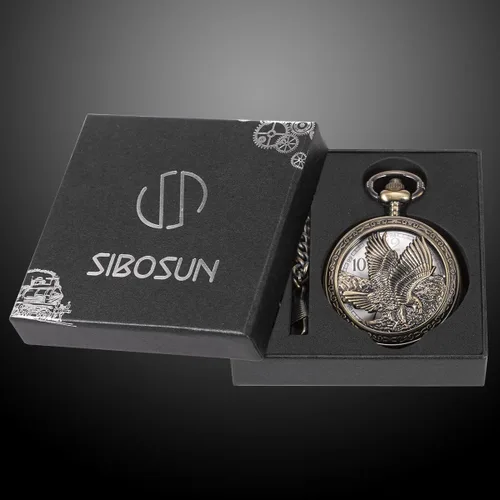 Miniatura 6 de SIBOSUN Eagle Design - Reloj de bolsillo con cadena, reloj de bolsillo antiguo, movimiento de cuarzo, reloj Qocket para hombre, esfera de números