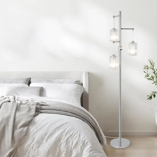 Miniatura 4 de Lámpara de pie moderna de cristal para sala de estar, lámpara de pie regulable de 3 luces, lámpara de árbol industrial plateada con pantalla
