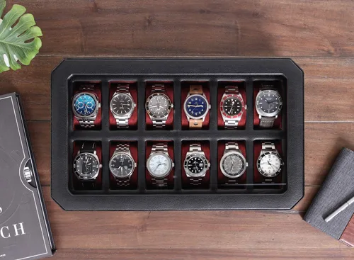 Miniatura 3 de ROTHWELL Caja de reloj de cuero con 12 ranuras, organizador de lujo para relojes, forro de microgamuza, soporte para relojes de joyería para hombre