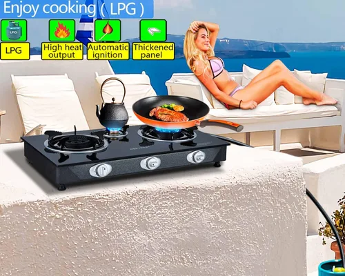 Miniatura 2 de Horynar Estufa de propano de 3 quemadores, quemador de propano, encendido automático, estufa Gsa de 28,000 BTU, vidrio grueso de alta temperatura
