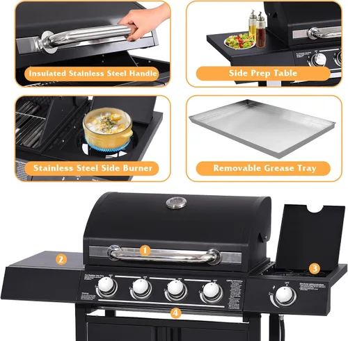 Miniatura 3 de Parrilla de gas propano de 4 quemadores con quemador lateral, parrilla de barbacoa al aire libre de 50,000 BTU, rejilla de cocción de hierro fundido