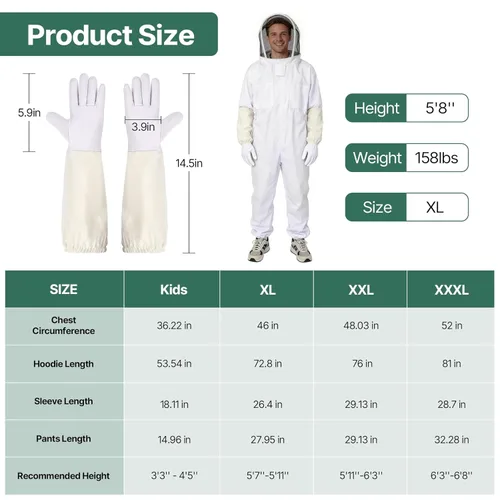 Miniatura 5 de Traje de abeja, traje de apicultura profesional de cuerpo completo con capucha de velo para hombres y mujeres, apicultor y principiantes con guantes