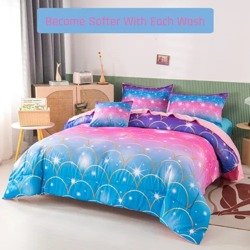 Miniatura 2 de PERFEMET Juego de edredón rosa de sirena para niñas, tamaño individual, 6 piezas, ropa de cama en una bolsa con sábanas con purpurina 3D arcoíris