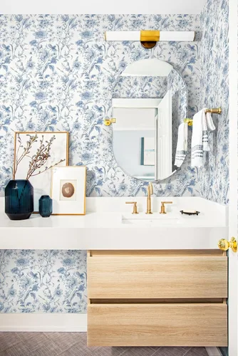 Miniatura 2 de Vinjiasin Papel tapiz autoadhesivo para despegar y pegar, papel de contacto floral azul moderno, papel de pared de loto para baño, dormitorio