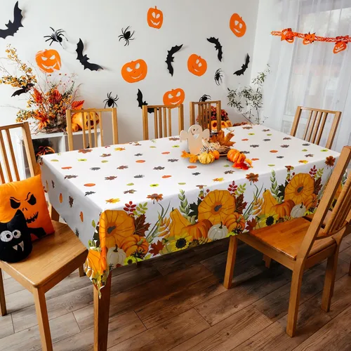 Miniatura 5 de Peryiter 4 manteles de otoño de Acción de Gracias, de 54 x 108 pulgadas, desechables, de plástico, rectangular, de plástico, con calabaza, cubierta