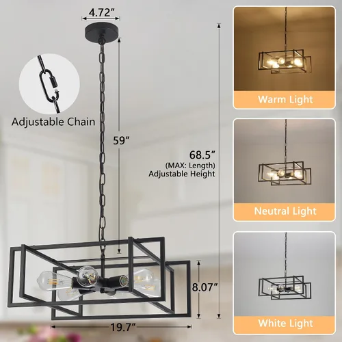 Miniatura 3 de Lámpara colgante industrial negra mate de 19.7 pulgadas, altura ajustable, 6 luces rústicas de metal vintage para cocina, isla, pasillo, comedor
