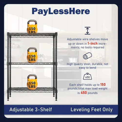 Miniatura 7 de PayLessHere Estante de alambre de 3 niveles 23"x13"x30" Negro Estantes ajustables Estantes de almacenamiento resistentes, soporta hasta