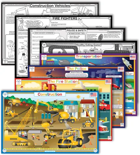 Tot Talk Vehículos - Juego de 4 manteles individuales educativos para niños, construcción, camiones de bomberos, policía, transporte, actividades