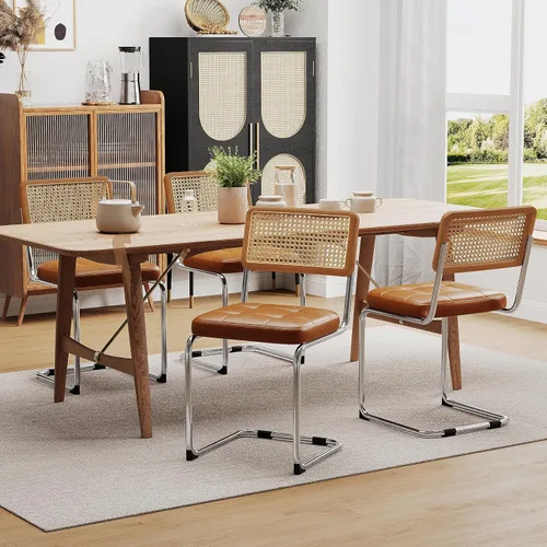 Miniatura 18 de Alunaune Juego de 2 sillas de comedor modernas de mediados de siglo, sillas de cocina tapizadas de ratán natural, sillas laterales sin brazos