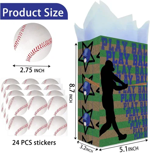 Miniatura 3 de Bolsas de regalo de fiesta de béisbol para niños – 24 bolsas de regalo de béisbol con 6 diseños, bolsas de papel para niños, temática deportiva